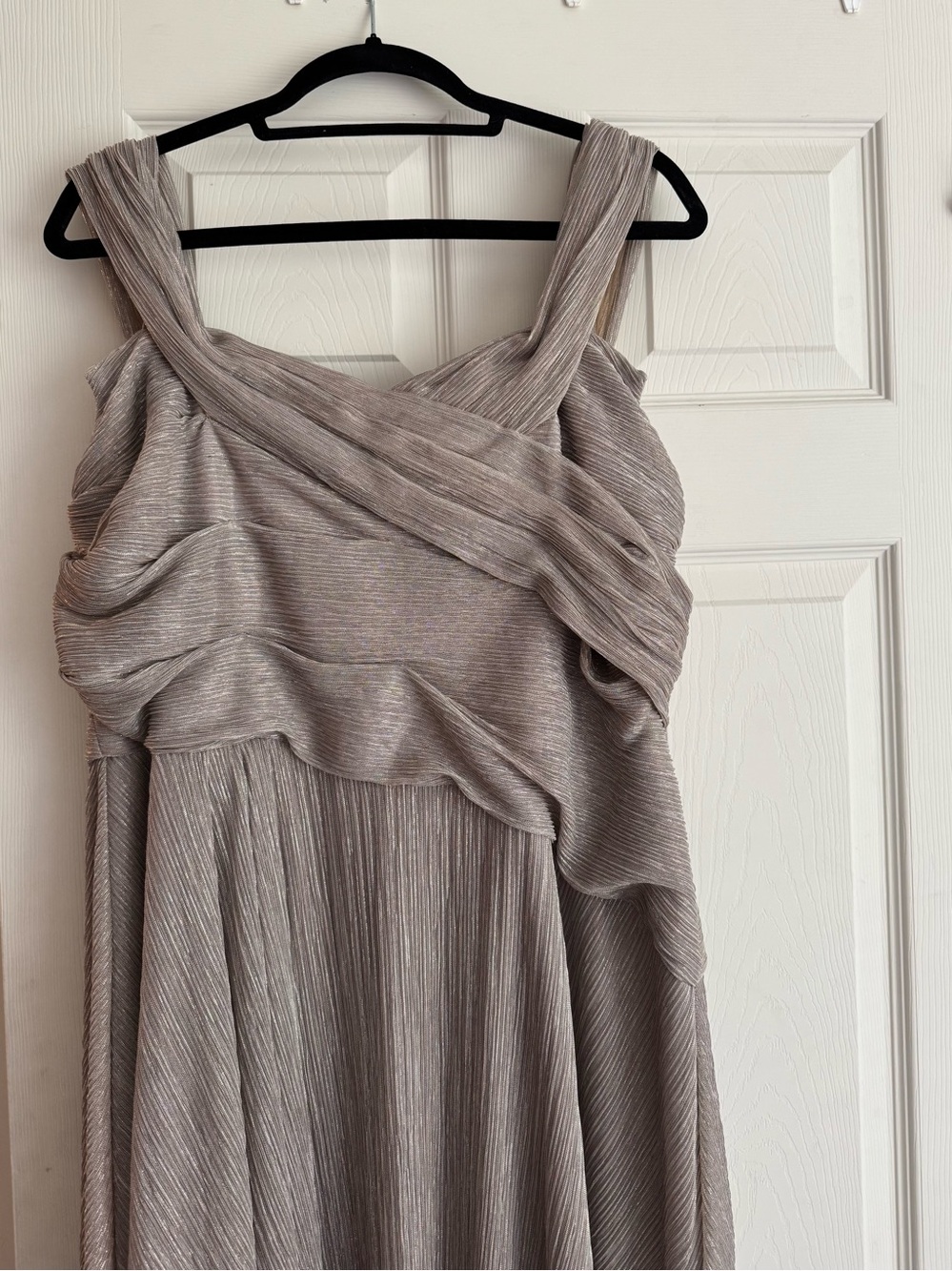 Oleg Cassini Metallic Taupe Off The Shoulder Pleated Evening Gown